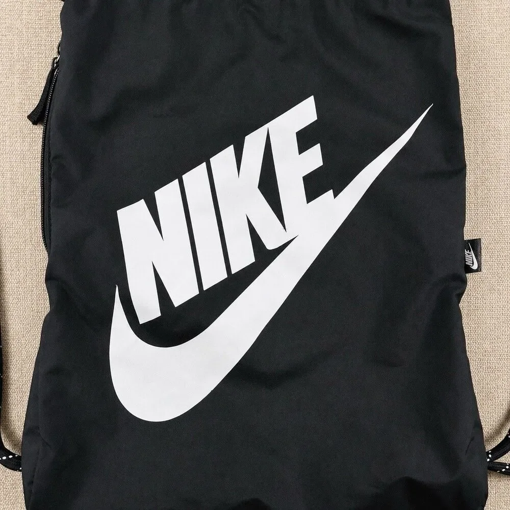 Nike Heritage Drawstring Backpack Black White Swoosh Gym Sack DC4245-010